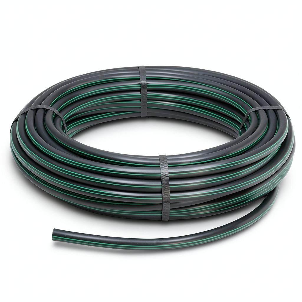 لفة أنابيب بلاستيك HDPE ضغط اسمي 16 بار PE80 قطر خارجي 32 مم SDR 9 أسود مع خطوط خضراء