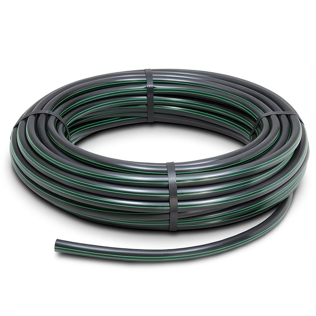 لفة أنابيب بلاستيك HDPE ضغط 16 بار PE 80 قطر خارجي 110 مم SDR 9 لون أسود مع خط أخضر