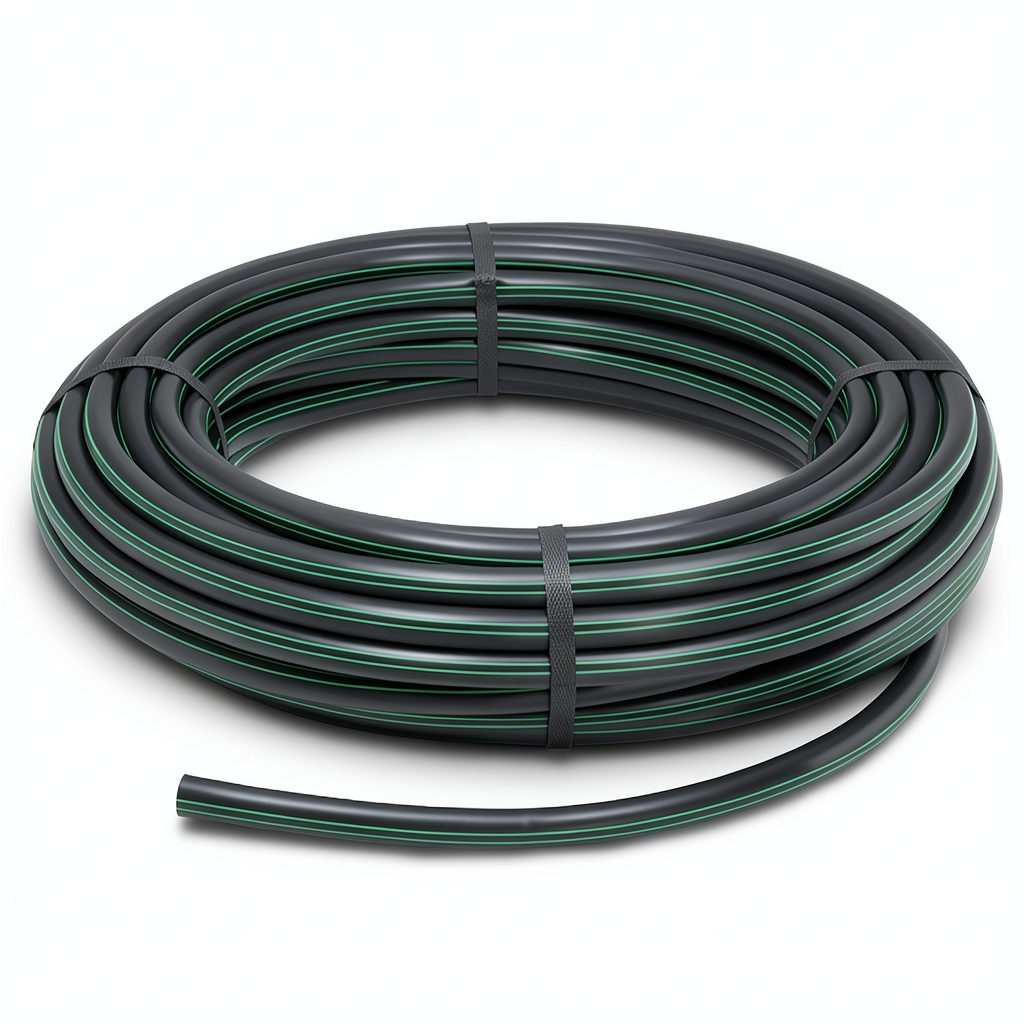 لفة أنابيب HDPE ضغط 16 بار PE 80 قطر خارجي 125 مم SDR 9 أسود مع خطوط خضراء