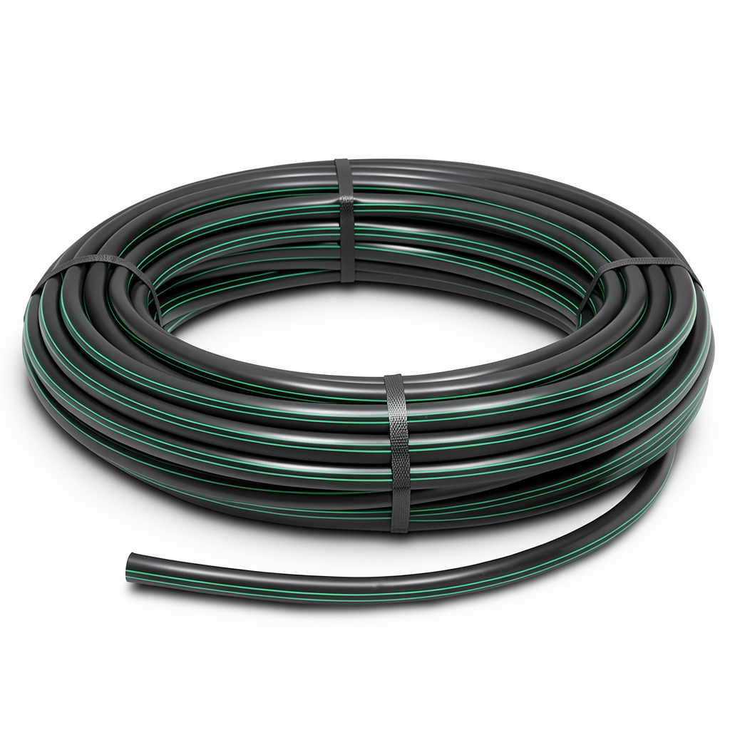HDPE Plastic Coil Pipe PN 16 Bar PE 80, 140 mm SDR 9 Black with Green Stripes