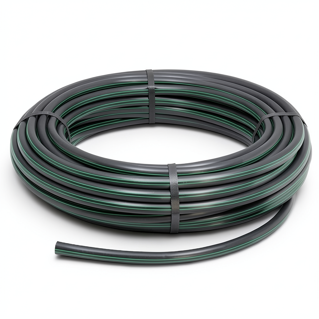 لفة أنابيب HDPE ضغط 16 بار PE 80 قطر خارجي 90 مم SDR 9 أسود مع خطوط خضراء