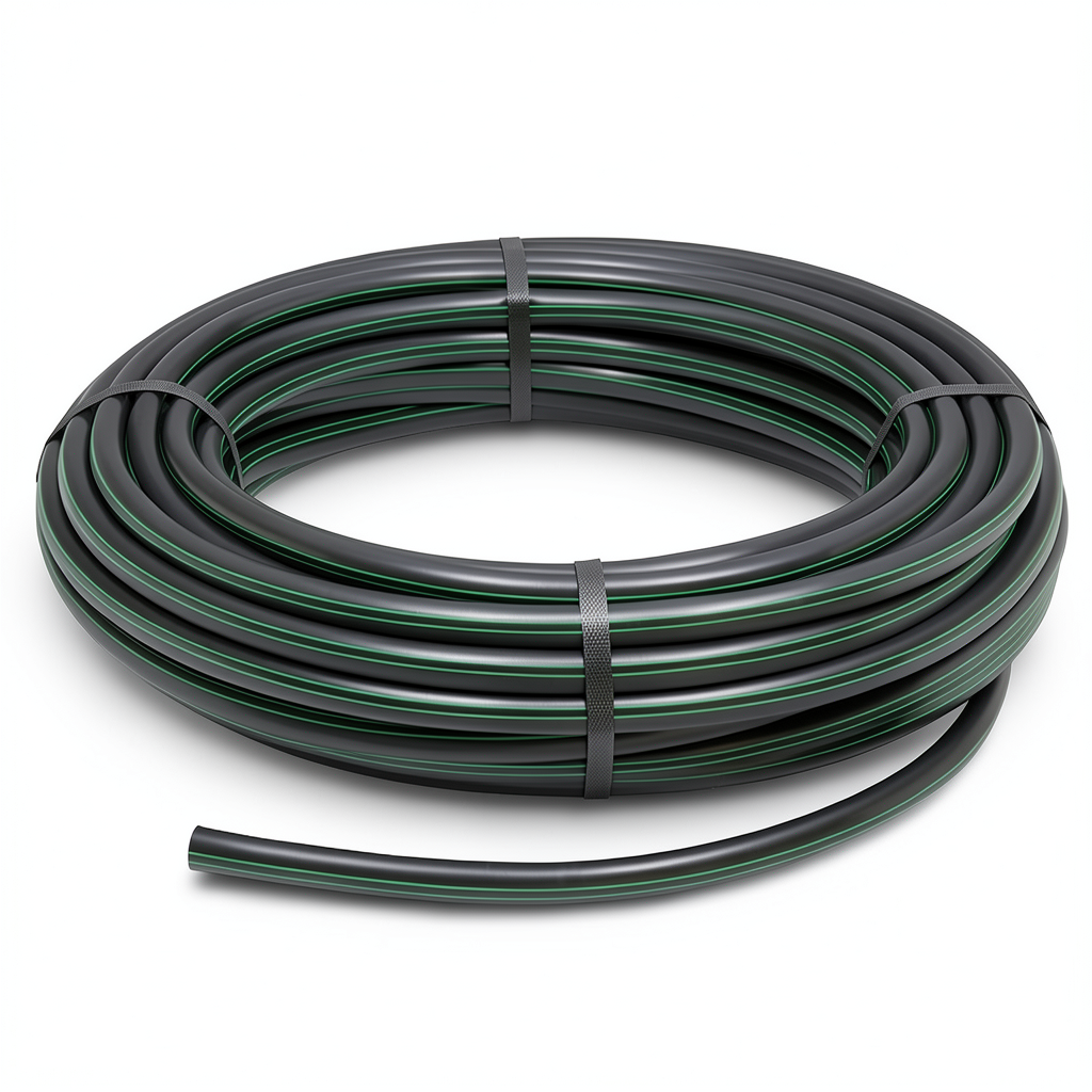 لفة أنابيب بلاستيك HDPE ضغط 16 بار PE 80 قطر خارجي 110 مم SDR 9 لون أسود مع خط أخضر