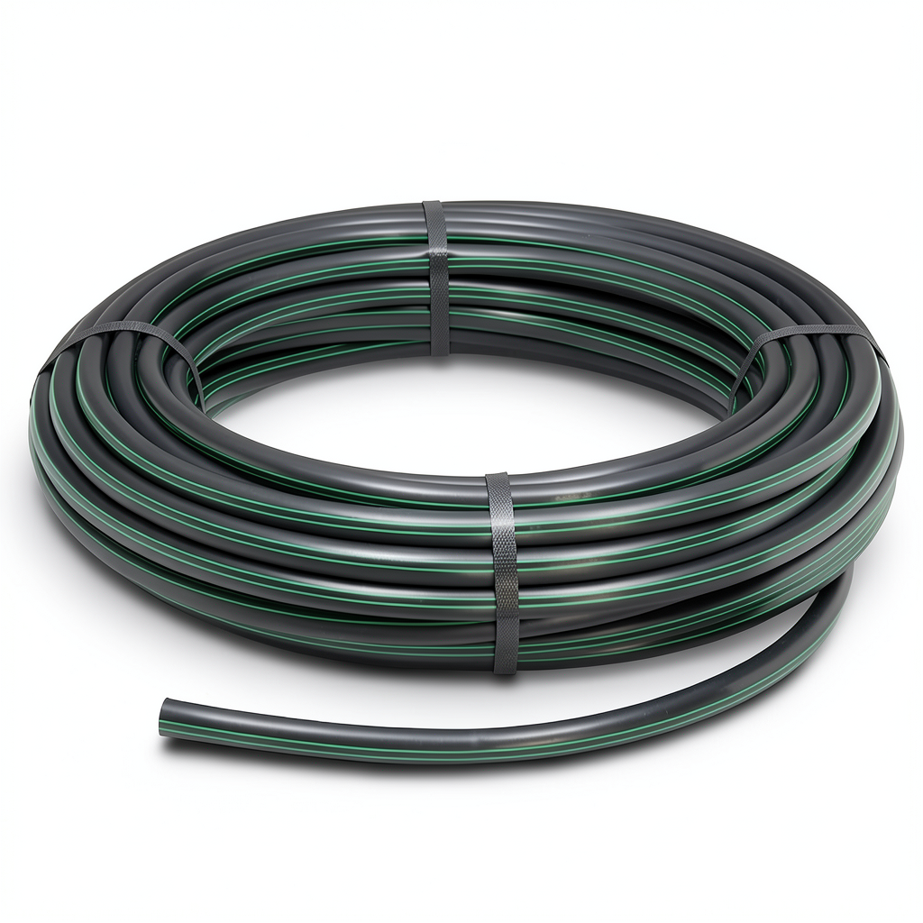 لفة أنابيب HDPE ضغط 16 بار PE 80 قطر خارجي 125 مم SDR 9 أسود مع خطوط خضراء