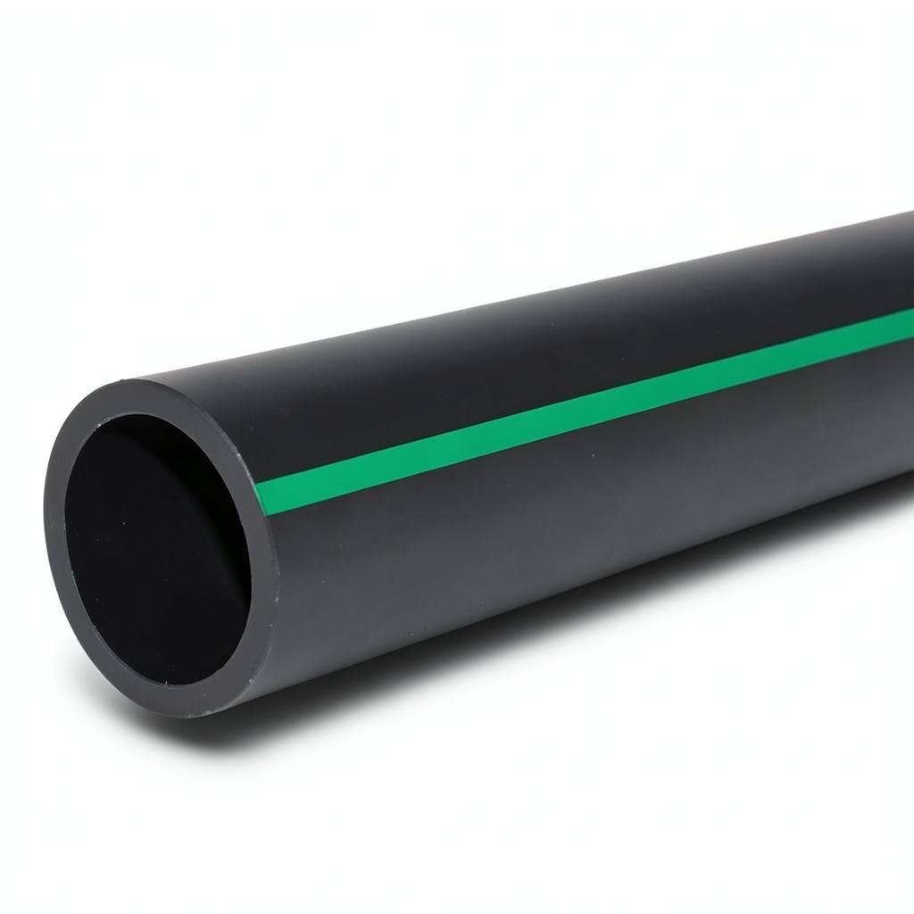 مواسير HDPE بولي ايثيلين ضغط 4 بار PE 80، قطر خارجي 560 مم، SDR 41 أسود مع خطوط خضراء
