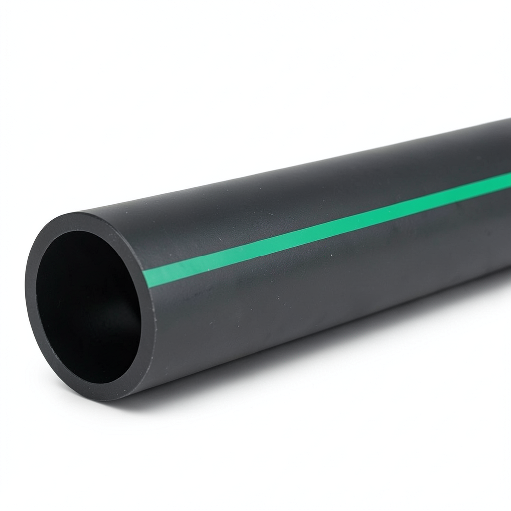 مواسير HDPE ضغط 4 بار PE 80 قطر خارجي 200 مم SDR 33 لون أسود مع خط أخضر