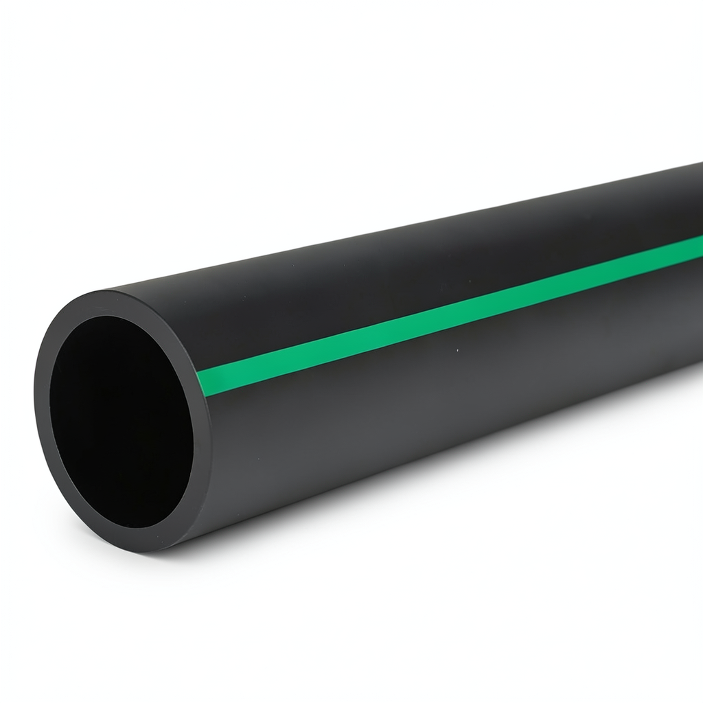 مواسير HDPE ضغط 4 بار PE 80 قطر خارجي 200 مم SDR 33 لون أسود مع خط أخضر