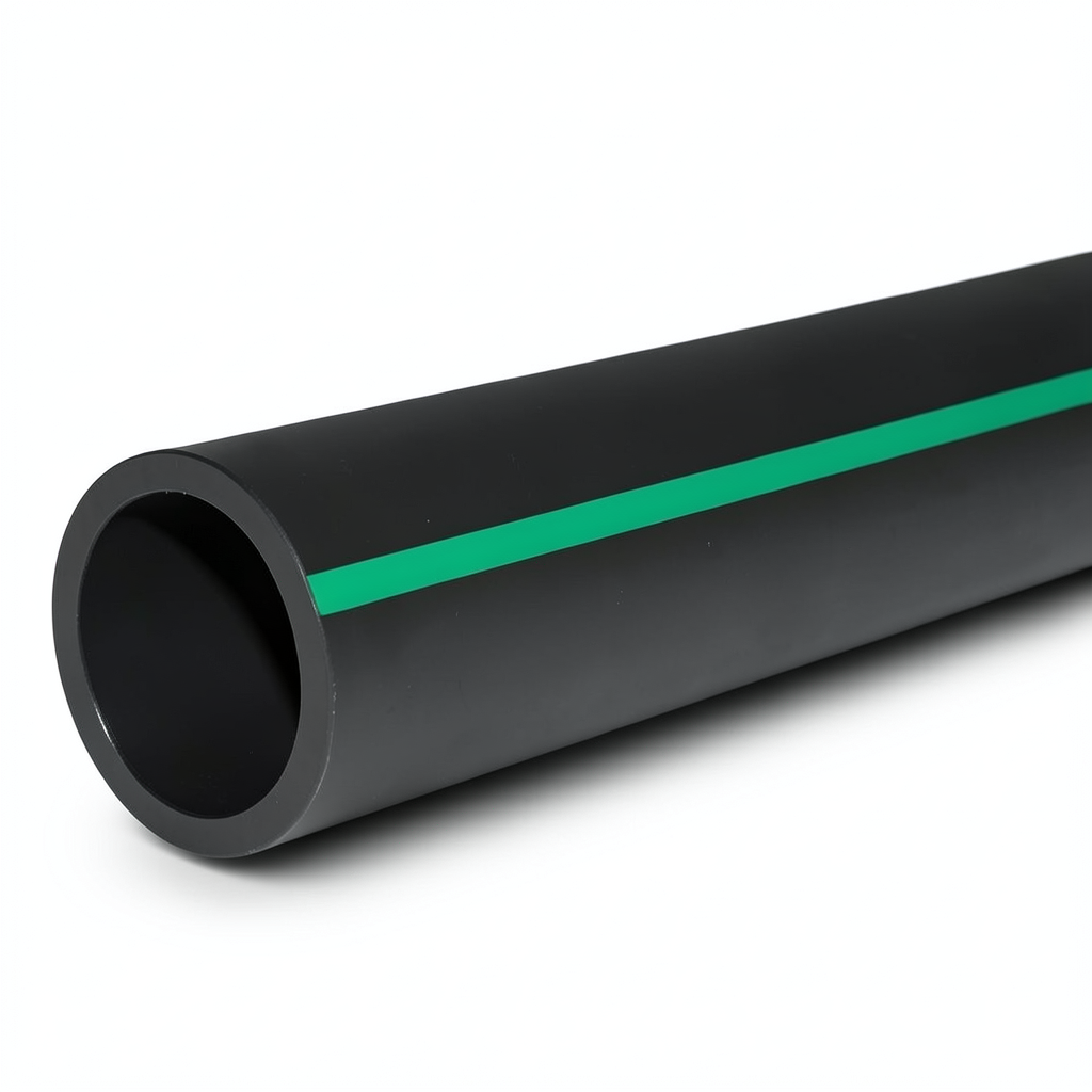 أنابيب HDPE بولي ايثيلين ضغط اسمي 4 بار PE 80، قطر خارجي 560 مم SDR 33 أسود مع خطوط خضراء