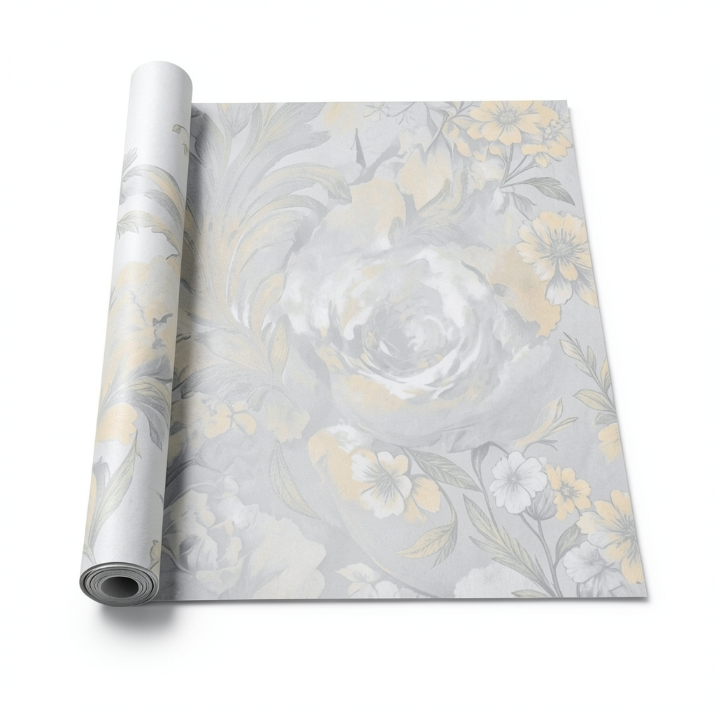 Italian Wallpaper Floral Design 10mx0.70m Pale Gray Color