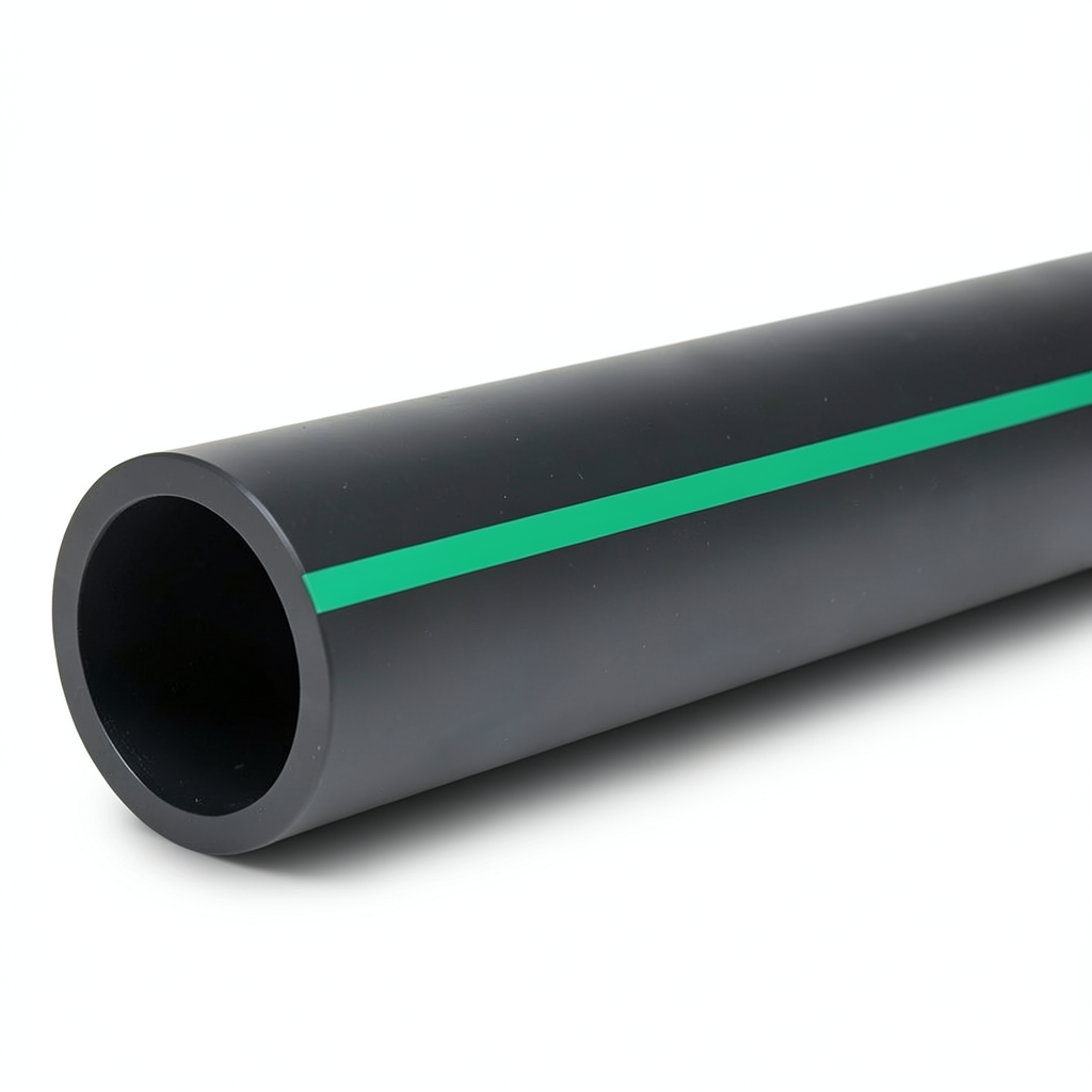 HDPE Polyethylene Pipe Nominal Pressure 4 Bar PE 80, 560 mm SDR 33 Black with Green Stripes