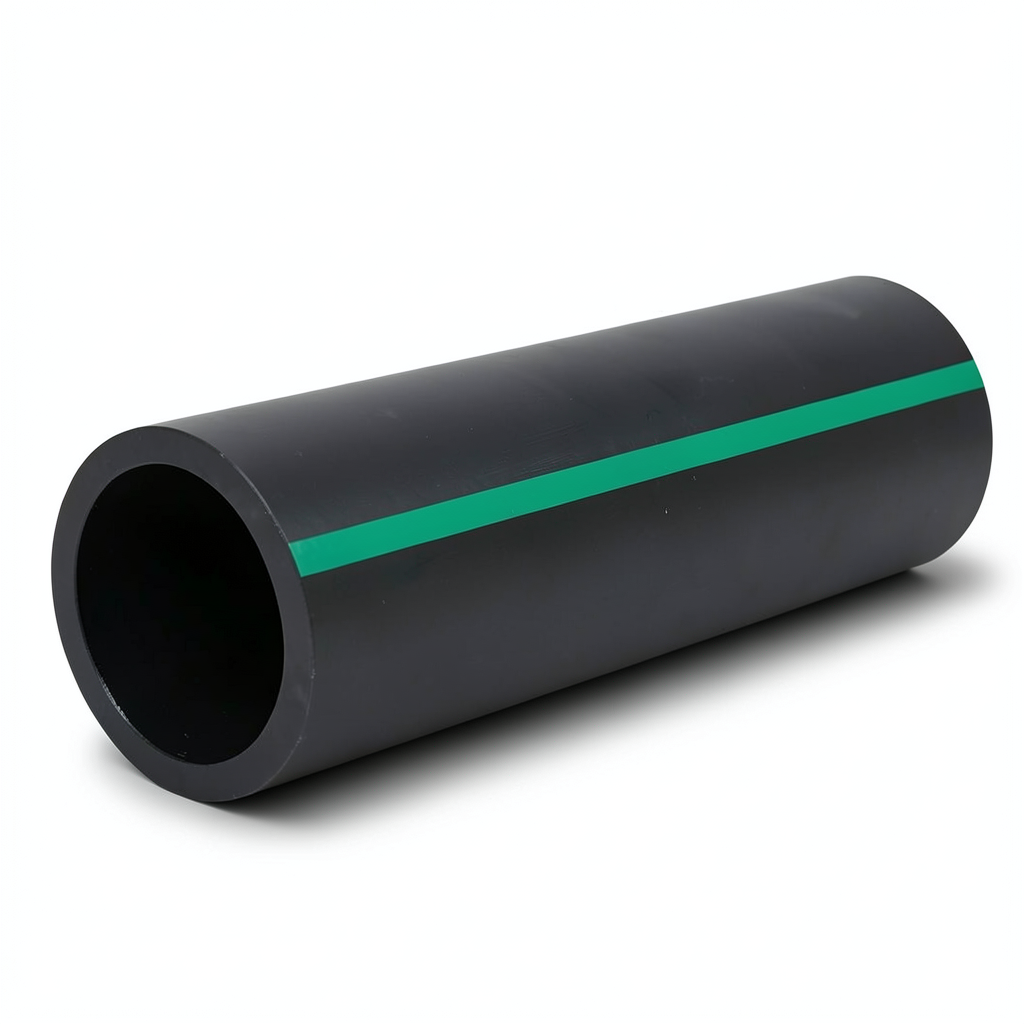 مواسير HDPE ضغط 6 بار PE 80 قطر خارجي 200 مم SDR 22 لون أسود مع خط أخضر
