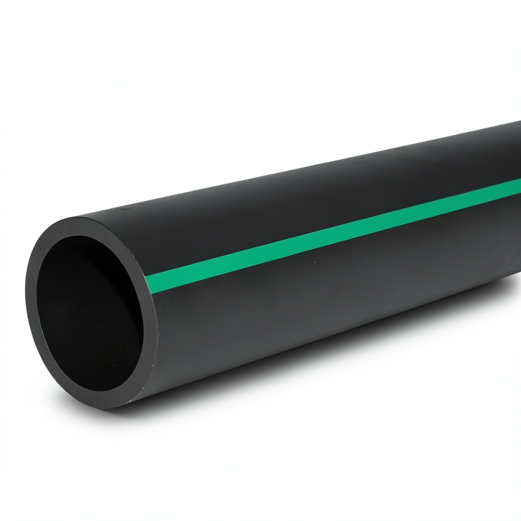 HDPE Polyethylene Pipe 6 Bar Pressure PE 80, 355 mm OD SDR 22 Black with Green Stripes