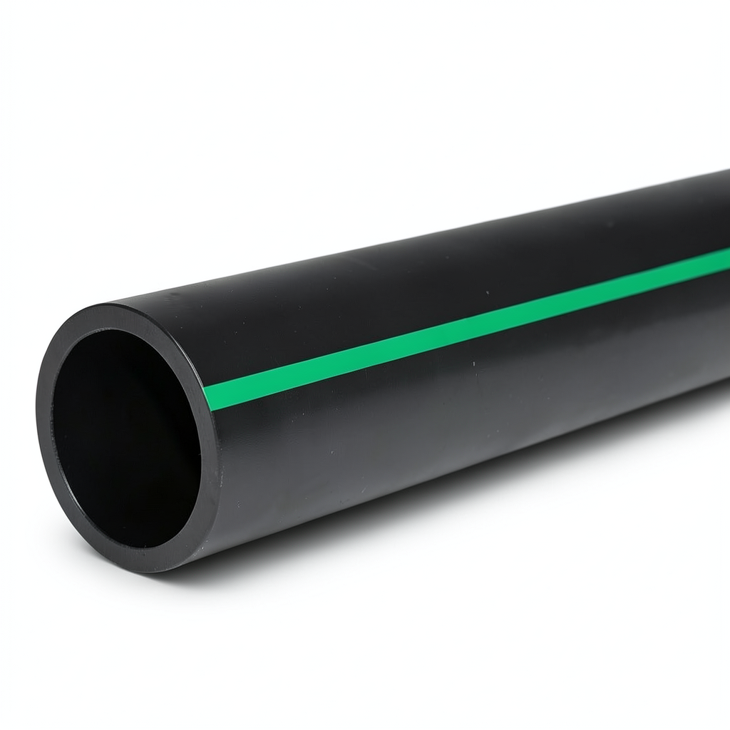 أنابيب HDPE ضغط 10 بار PE 80 قطر خارجي 225 مم SDR 13.6 لون أسود مع خط أخضر