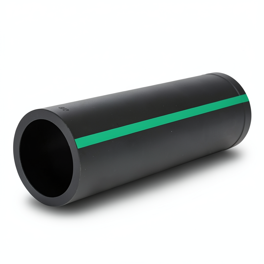 مواسير بلاستيك HDPE ضغط اسمي 10 بار PE 80، قطر خارجي 315 مم SDR 13.6 لون اسود مع خط اخضر