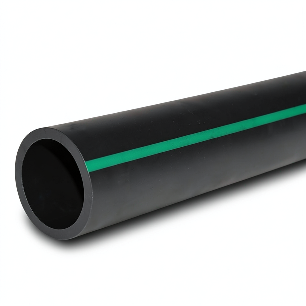 مواسير HDPE بولي ايثيلين ضغط 10 بار PE 80، قطر 355 مم SDR 13.6 أسود مع خطوط خضراء