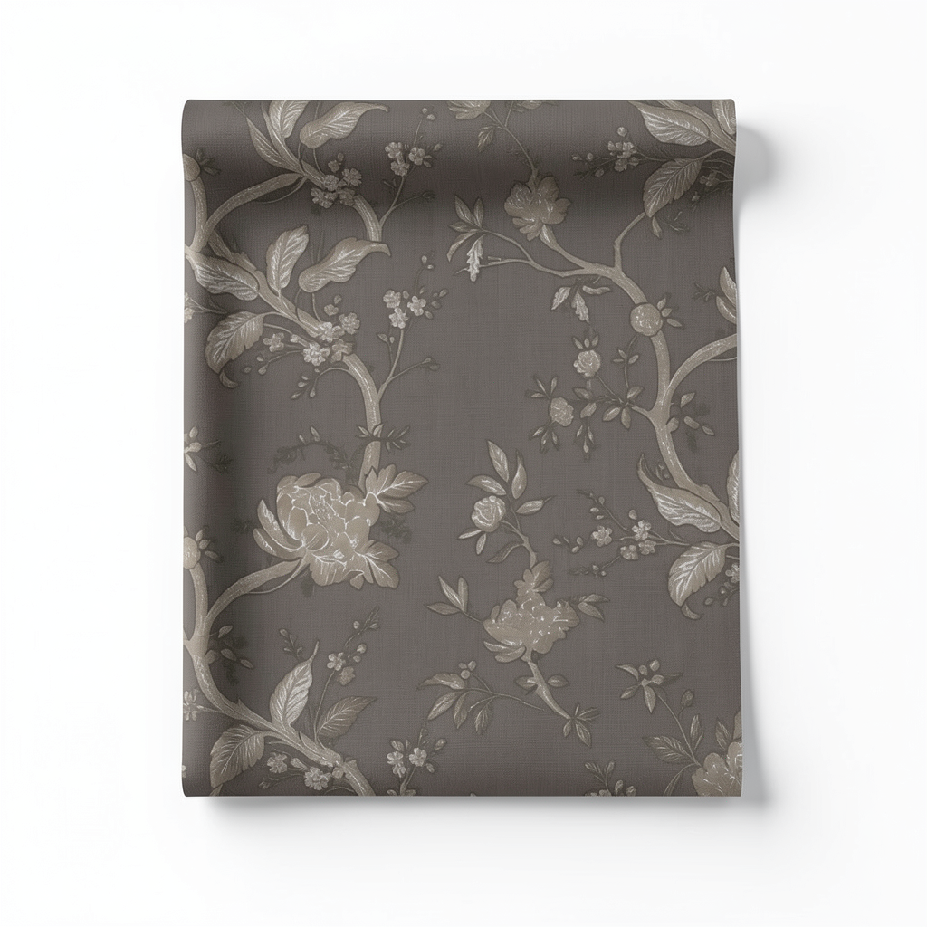 Italian Wall Covering Floral Design 10mx1.06m, Dark Beige