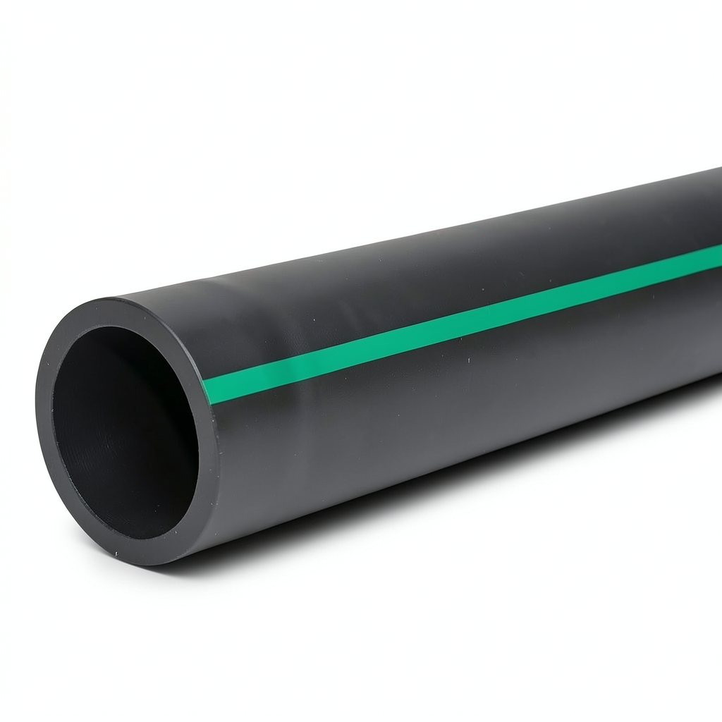 مواسير HDPE ضغط 10 بار PE 80، قطر خارجي 200 مم SDR 13.6 أسود مع خطوط خضراء