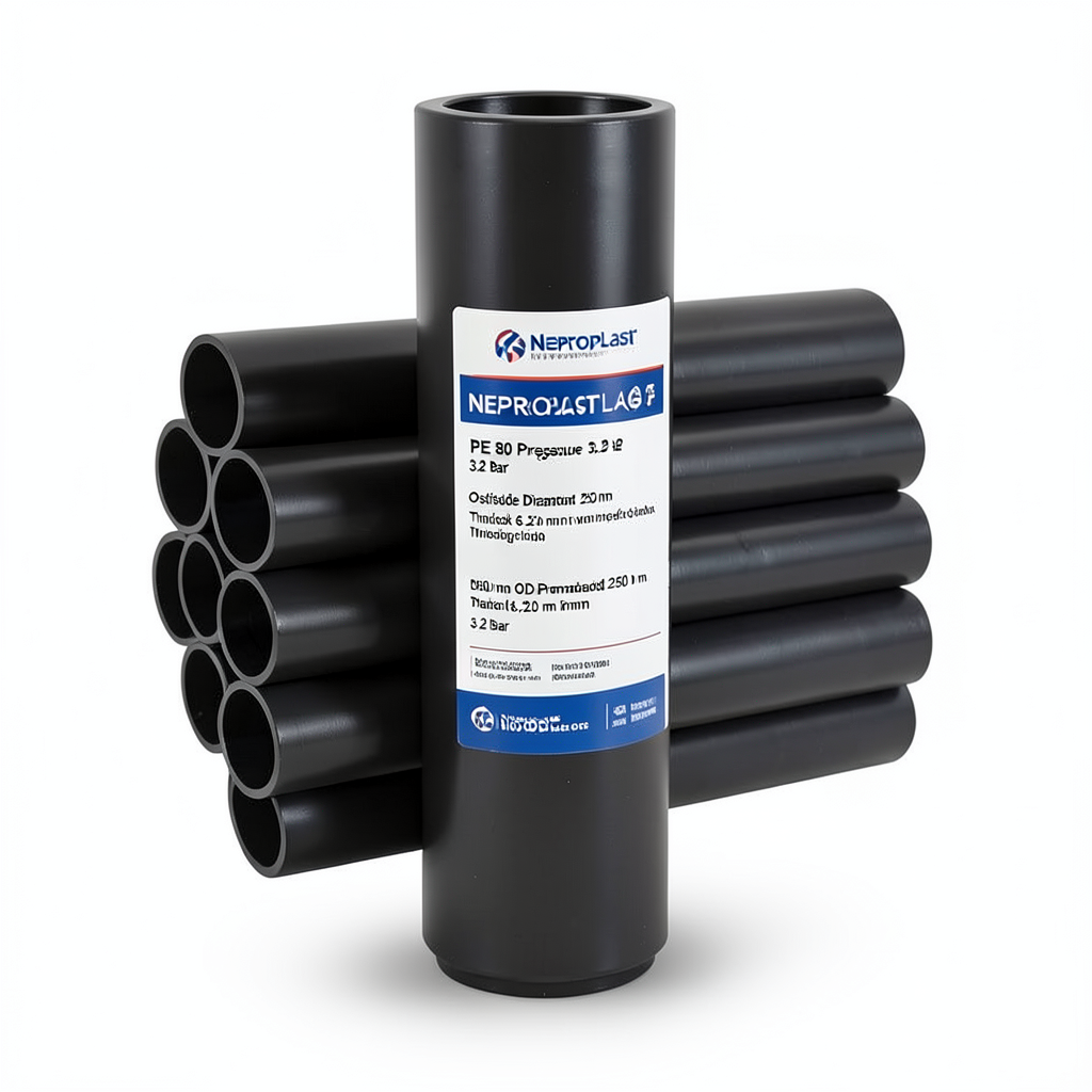 مواسير HDPE نيبروبلاست PE 80 ضغط 3.2 بار قطر خارجي 250 مم سمك 6.2 مم لون اسود | نيبروبلاست