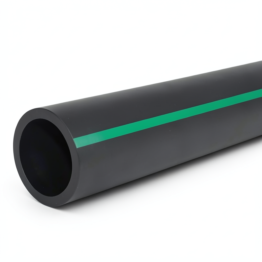 أنابيب HDPE ضغط 12.5 بار PE 80، قطر خارجي 560 مم SDR 11، أسود مع خطوط خضراء