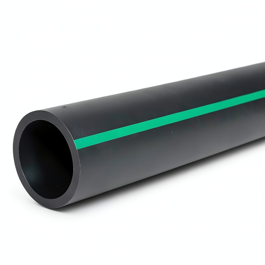 أنابيب HDPE ضغط 12.5 بار PE 80، قطر خارجي 560 مم SDR 11، أسود مع خطوط خضراء