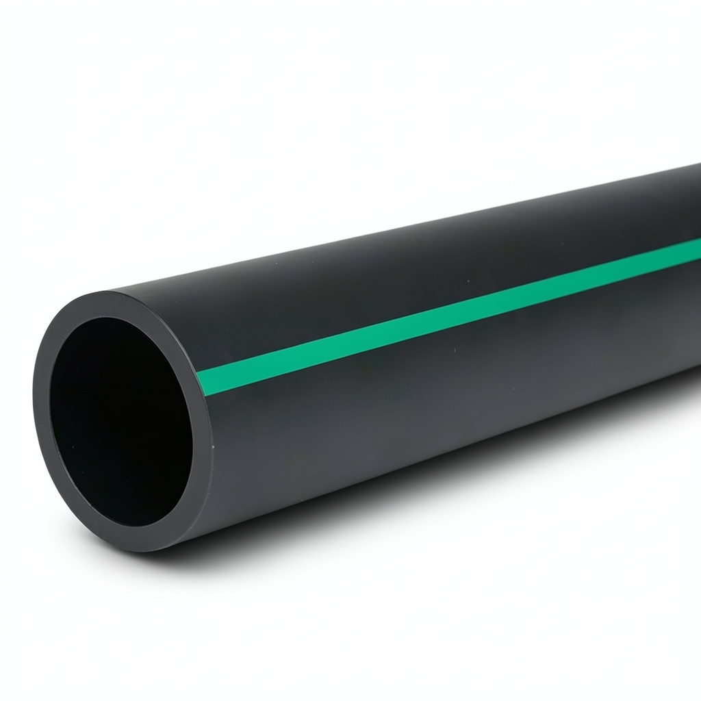 أنابيب بلاستيكية HDPE ضغط 16 بار [PE 80]، قطر 225 مم SDR 9، أسود مع خطوط خضراء