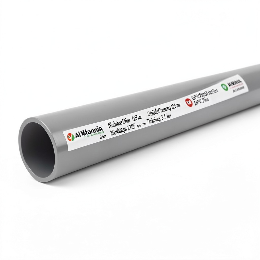 UPVC Pipes Nominal Pressure 6 Bar Outside Diameter 125 mm Thickness 3.1 mm Gray | Al Watania Plastics