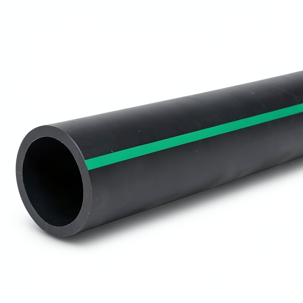 مواسير HDPE بولي ايثيلين ضغط اسمي 4 بار PE63 قطر خارجي 355 مم SDR 26 أسود مع خطوط خضراء