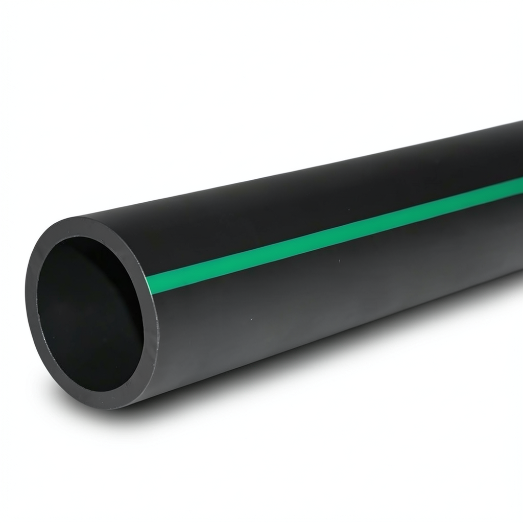 أنابيب HDPE ضغط 6 بار PE 63 قطر خارجي 225 مم SDR 17.6 أسود مع خطوط خضراء
