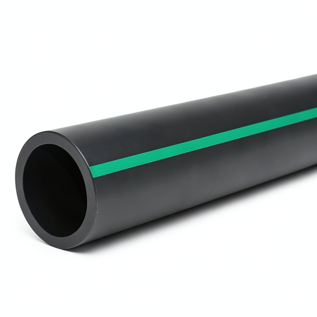 مواسير HDPE بولي ايثيلين ضغط 4 بار PE 63، قطر خارجي 400 مم SDR 26 أسود مع خطوط خضراء