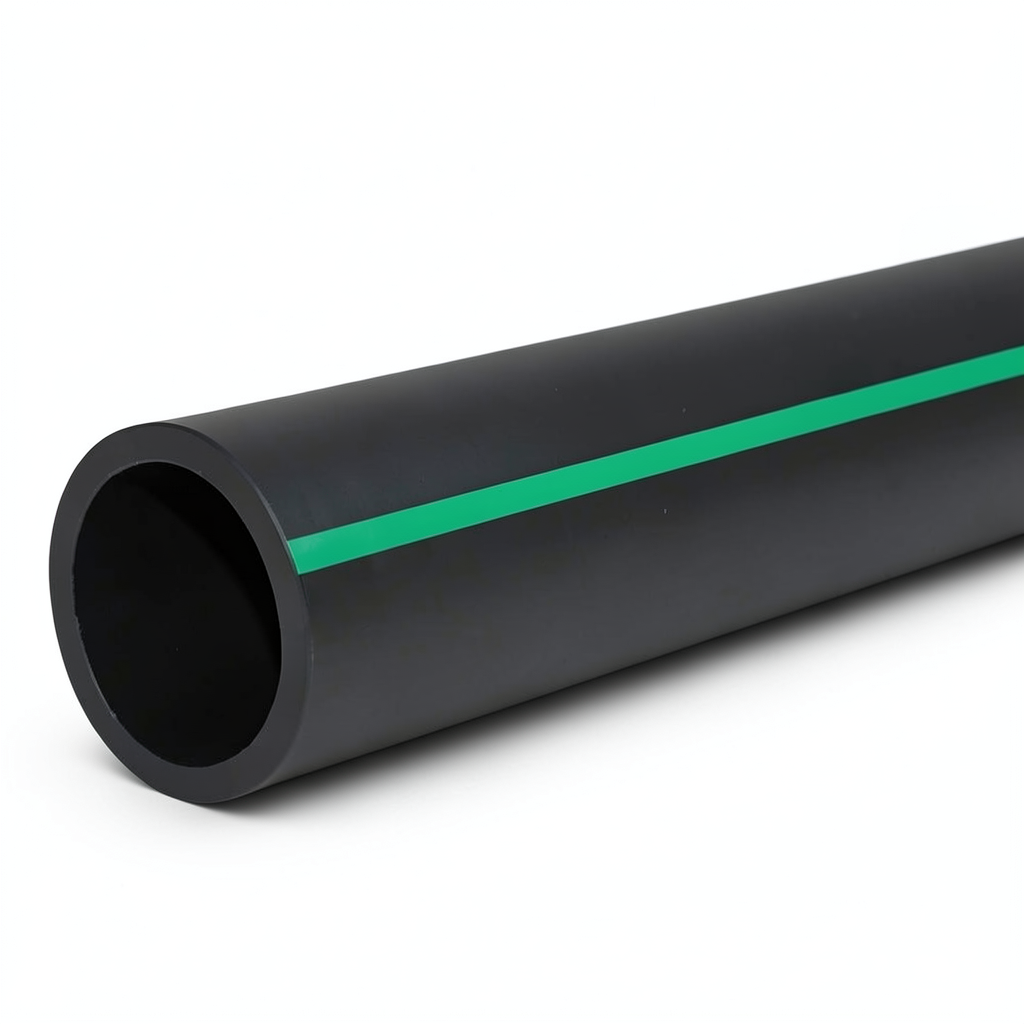 HDPE Plastic Pipe Nominal Pressure 6 Bar PE 63 Outside Diameter 200 mm SDR 17.6 Black with Green Stripes