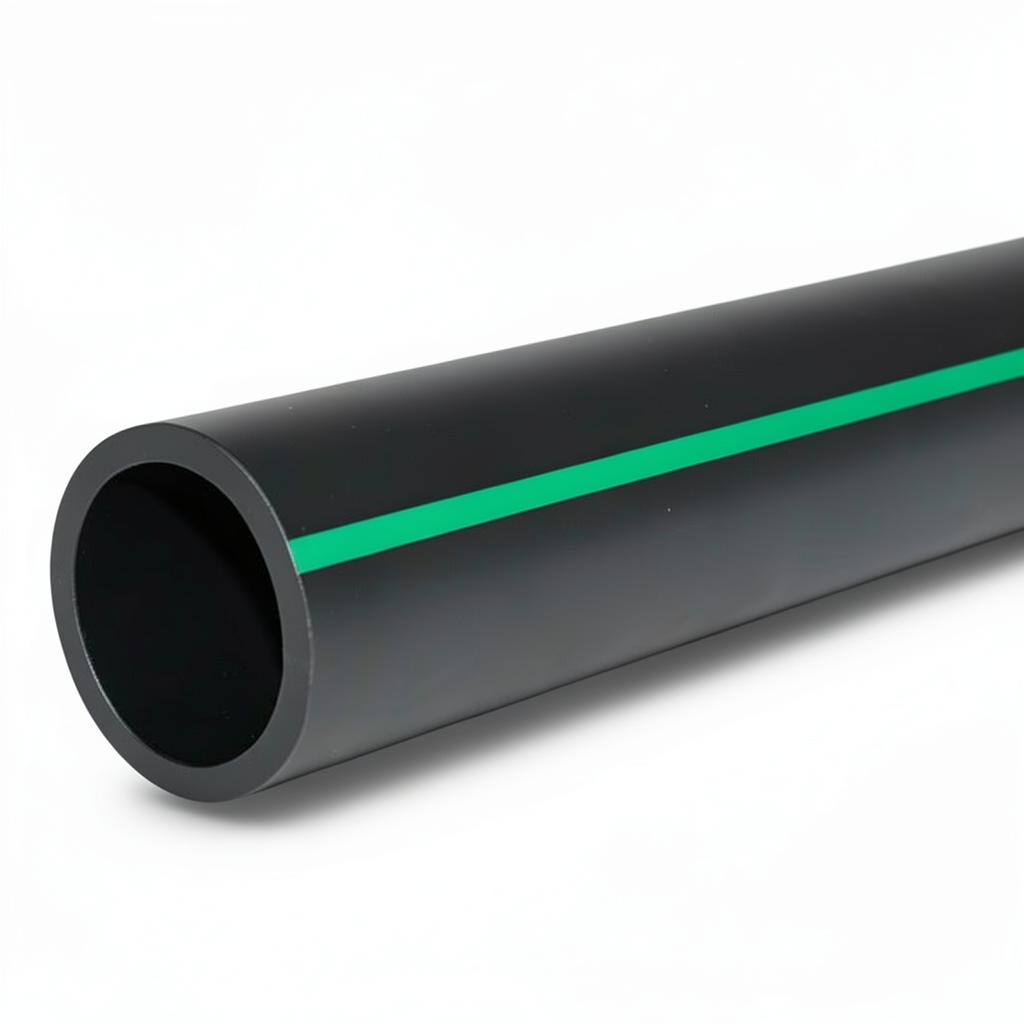 مواسير بلاستيك HDPE ضغط اسمي 6 بار PE63 قطر خارجي 250 مم SDR 17.6 لون اسود مع خط اخضر