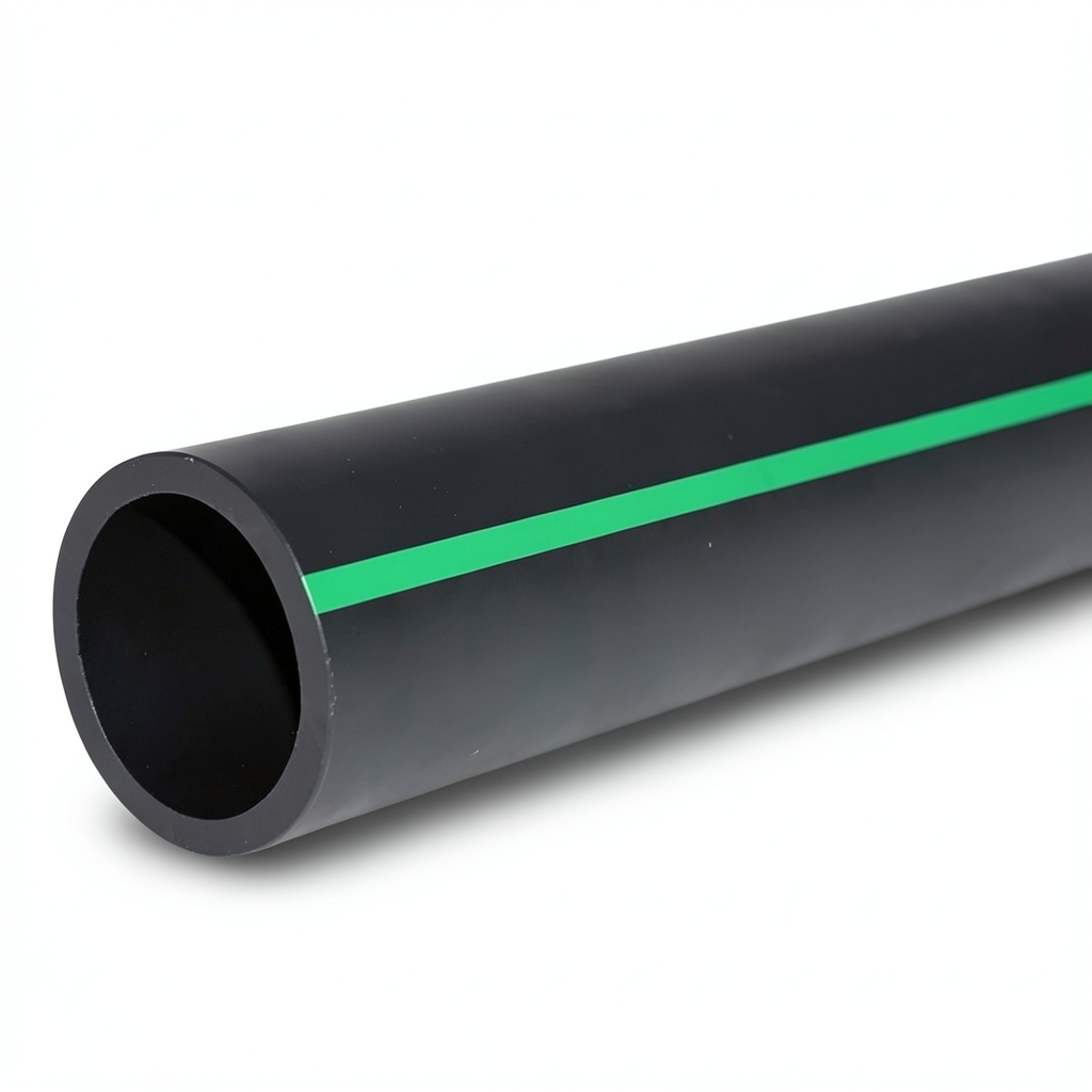 مواسير HDPE ضغط 6 بار PE 63 قطر خارجي 355 مم SDR 17.6 أسود مع خطوط خضراء