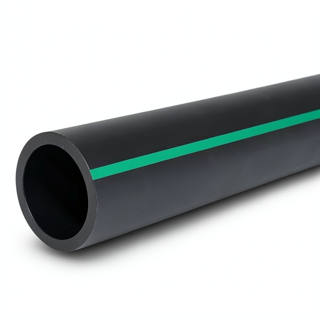 HDPE Polyethylene Pipe PN 10 Bar PE 63, 450 mm Diameter SDR 11 Black with Green Stripes