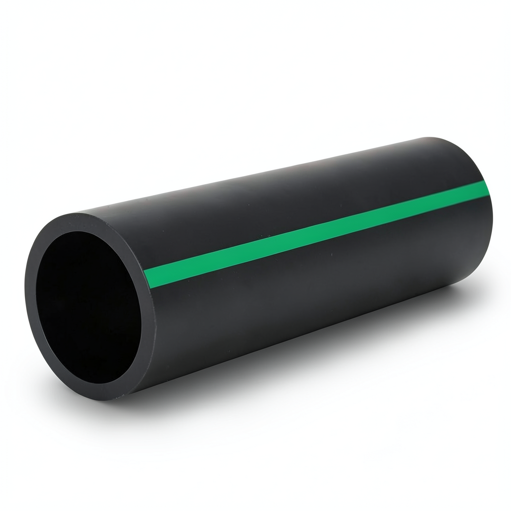 HDPE Plastic Pipe PN 6 Bar PE 63, 280 mm Diameter, SDR 17.6 Black with Green Stripes