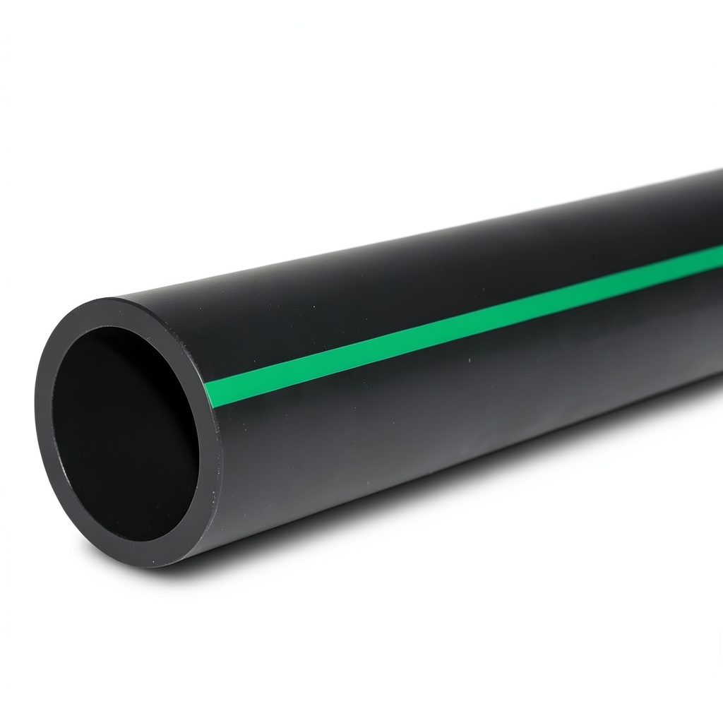 HDPE Polyethylene Pipe Nominal Pressure 15.9 Bar PE 63, 180 mm Diameter SDR 7.4 Black with Green Stripes