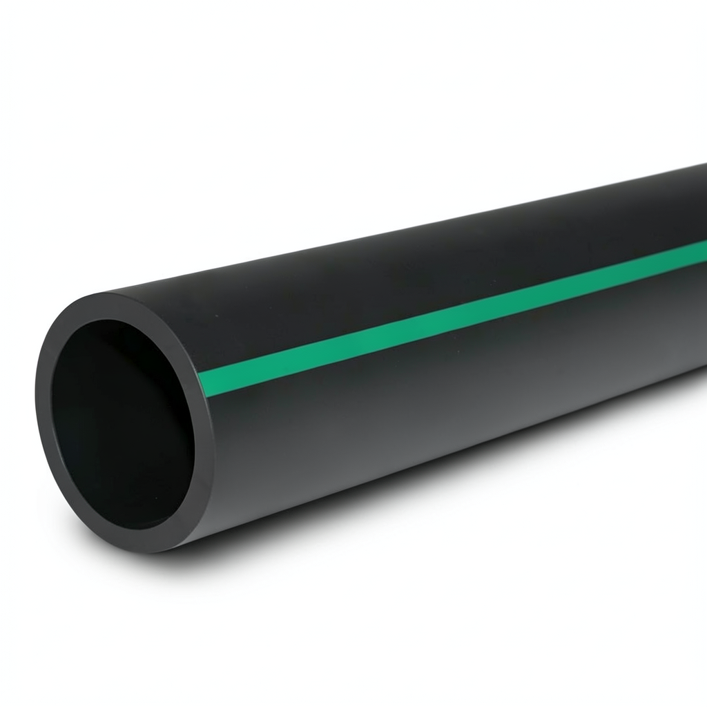 HDPE Polyethylene Pipe Nominal Pressure 15.9 Bar PE 63, 180 mm Diameter SDR 7.4 Black with Green Stripes