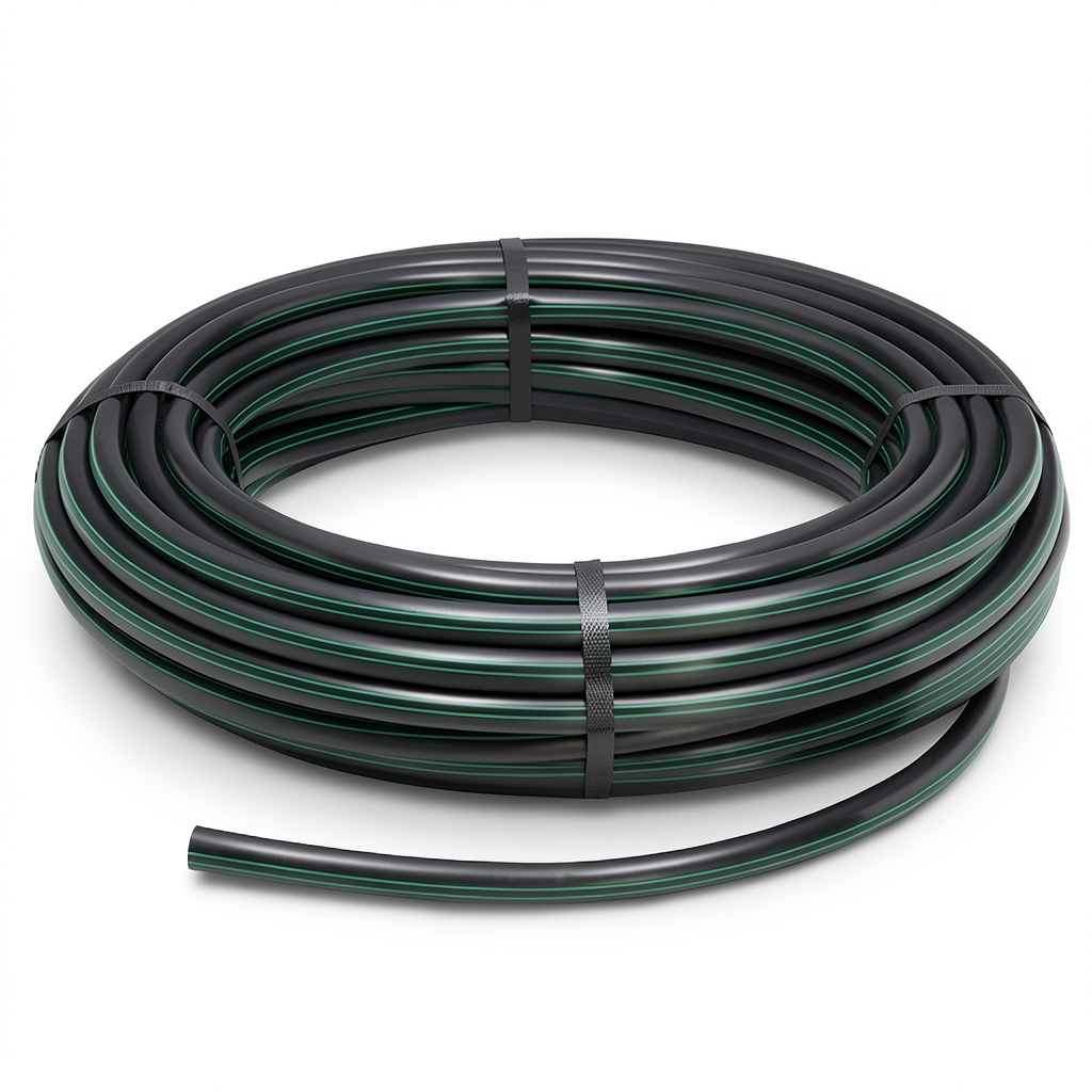 لفة أنابيب HDPE ضغط 4 بار PE 63 قطر خارجي 40 مم SDR 26 لون أسود مع خط أخضر