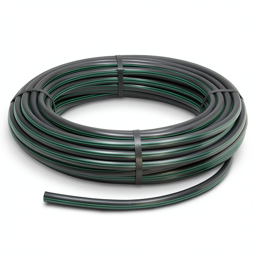 لفة أنابيب بلاستيك HDPE ضغط 4 بار PE 63، قطر خارجي 63 مم SDR 26 أسود مع خطوط خضراء