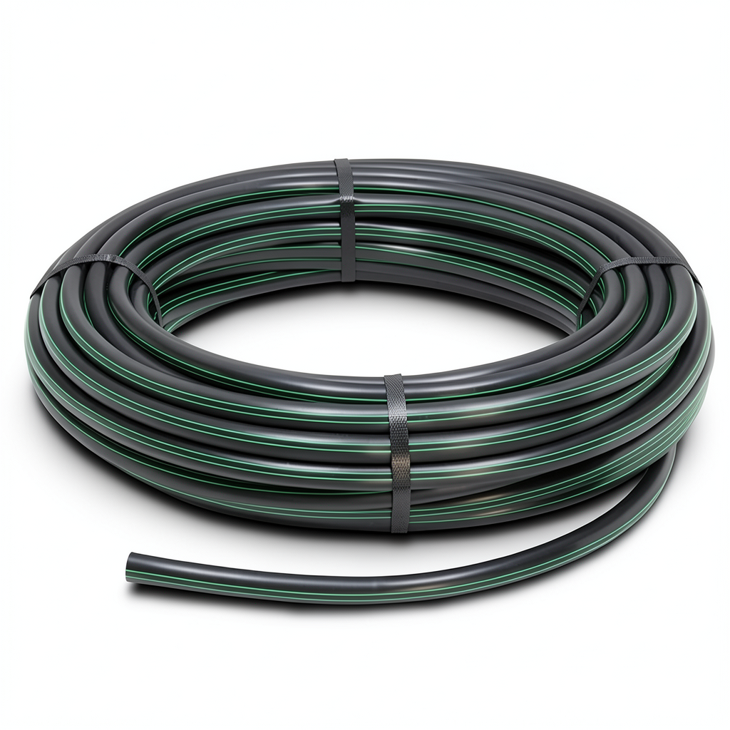 لفة أنابيب HDPE ضغط 4 بار PE 63 قطر خارجي 125 مم SDR 26 لون أسود مع خط أخضر