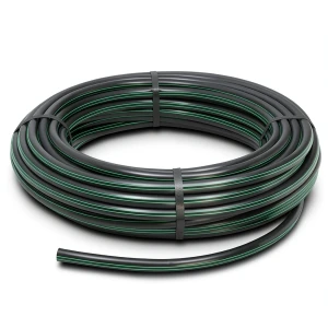لفة أنابيب HDPE ضغط 4 بار PE 63 قطر خارجي 160 مم SDR 26 أسود مع خطوط خضراء