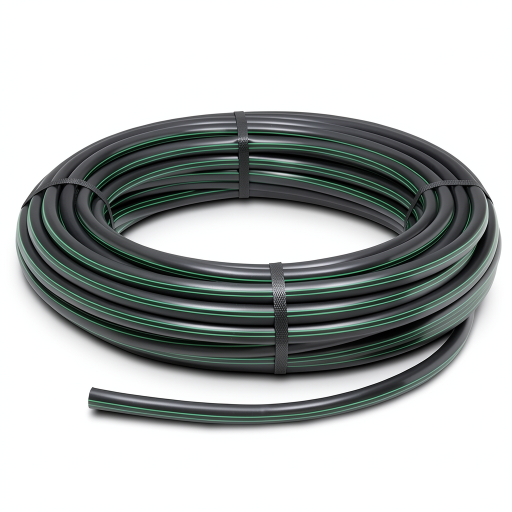 لفة أنابيب بلاستيك HDPE ضغط 6 بار PE 63 قطر خارجي 32 مم SDR 17.6 أسود مع خطوط خضراء