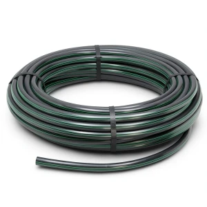 لفة أنابيب HDPE ضغط 6 بار PE 63، قطر خارجي 40 مم SDR 17.6 أسود مع خط أخضر