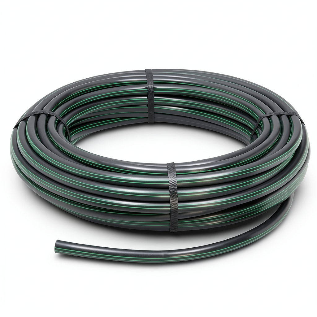 HDPE Plastic Coil Pipe Nominal Pressure 6 Bar PE 63, 40 mm SDR 17.6 Black with Green Stripes