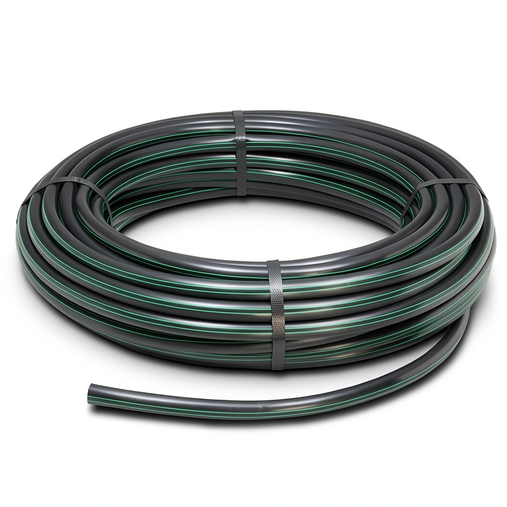 HDPE Plastic Coil Pipe Nominal Pressure 6 Bar PE 63, 90 mm SDR 17.6 Black with Green Stripes