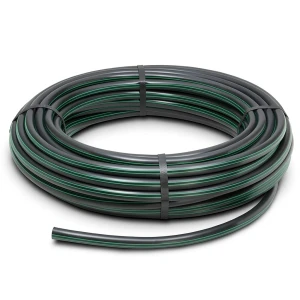 لفة أنابيب HDPE ضغط 10 بار PE 63 قطر خارجي 25 مم SDR 11 أسود مع خطوط خضراء