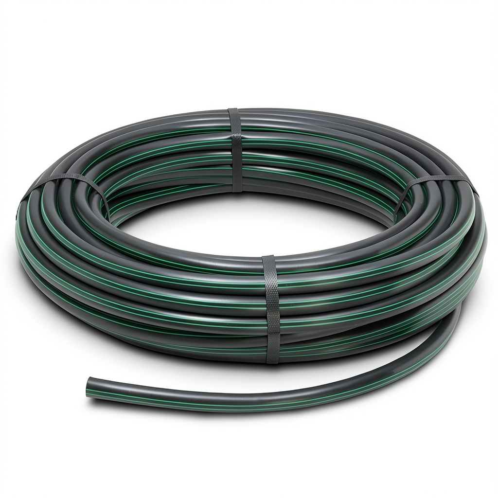 لفة أنابيب HDPE ضغط 10 بار PE 63 قطر خارجي 25 مم SDR 11 أسود مع خطوط خضراء