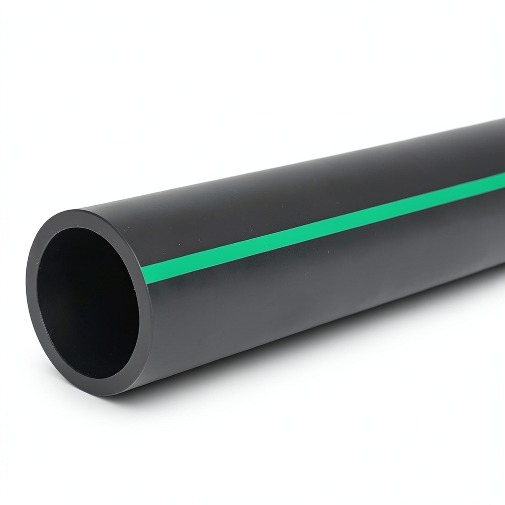 HDPE Plastic Pipe PN 15.9 Bar PE 63, 500 mm OD, SDR 7.4 Black with Green Stripes