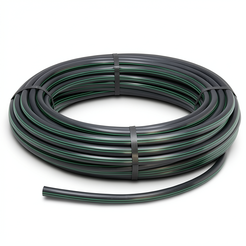 لفة أنابيب HDPE ضغط 4 بار PE 63 قطر خارجي 40 مم SDR 26 لون أسود مع خط أخضر