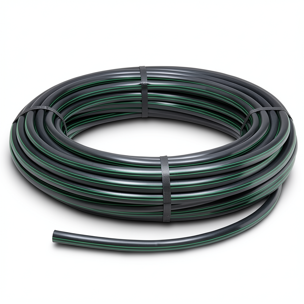 لفة أنابيب بلاستيك HDPE ضغط 4 بار PE 63، قطر خارجي 63 مم SDR 26 أسود مع خطوط خضراء