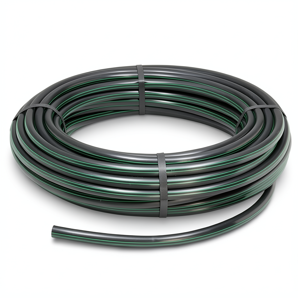 لفة أنابيب بلاستيك HDPE ضغط 4 بار PE 63 قطر خارجي 90 مم SDR 26 أسود مع خطوط خضراء