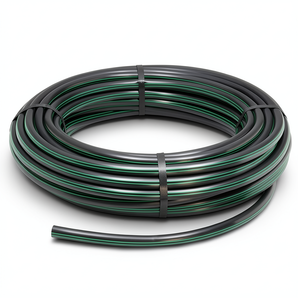 لفة أنابيب بلاستيك HDPE ضغط 4 بار PE 63، قطر خارجي 110 مم، SDR 26 أسود مع خط أخضر
